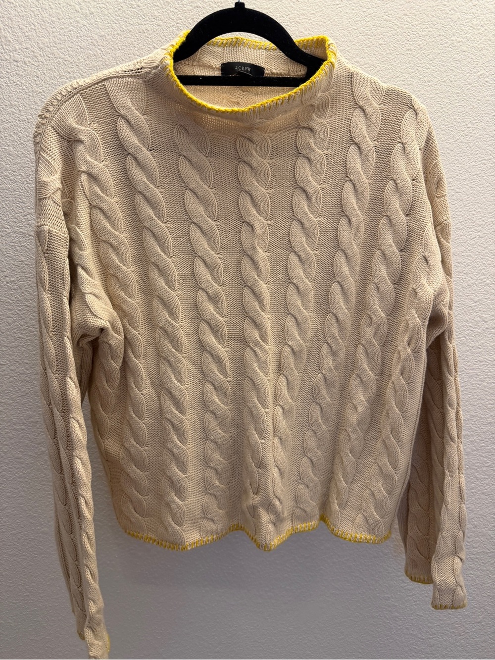 J. Crew Cream Cable-Knit Mock Neck Sweater with Yellow Trim